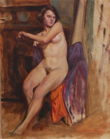 BUKOVAC VLAHO (1855 - 1922) Nudo di donna in un interno. Olio su cartone. Cm...