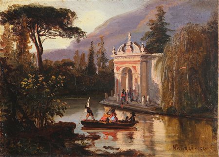 PALIZZI NICOLA (1820 - 1870) Gita in barca all'antico tempio. 1860. Olio su...