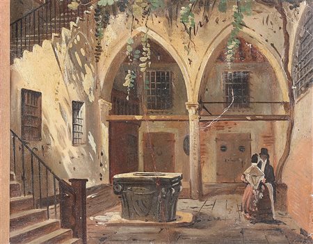 CAFFI IPPOLITO (1809 - 1866) Interno di cortile. . Olio su carta. Cm 23,00 x...