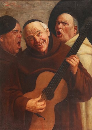 RINALDI CLAUDIO (n. 1852) Frati suonatori. . Olio su tela . Cm 55,00 x 79,00....