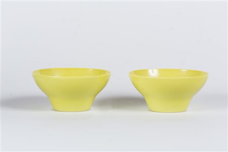 Arte Cinese Coppia di tazze gialle in porcellana monocroma gialla con marchio...