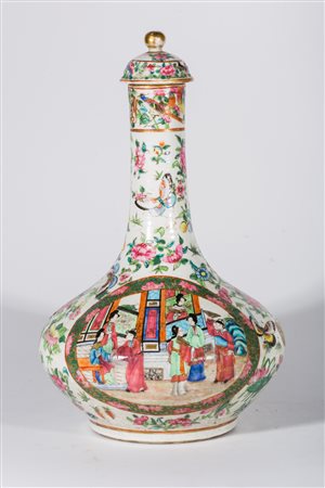 Arte Cinese Vaso a bottiglia con tappo in porcellana di Canton Cina, XX...