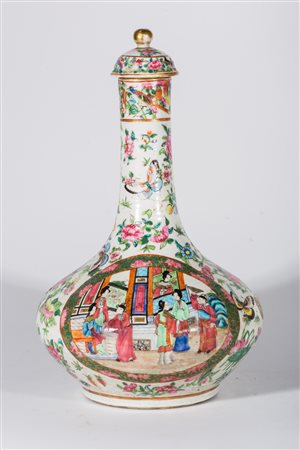 Arte Cinese Vaso a bottiglia con tappo in porcellana di Canton Cina, XX...