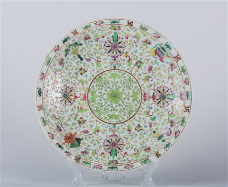 Arte Cinese Piatto in porcellana famiglia rosa dipinto con elementi buddisti...