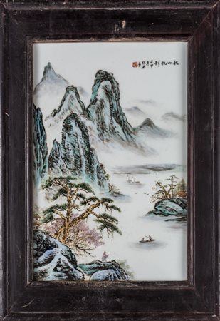 Arte Cinese Montagne Blu Placca in porcellana policroma dipinta con...