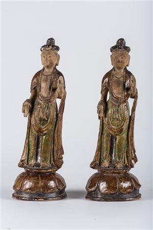 Arte Cinese Coppia di bodhisattva in terracotta Cina, dinastia Ming, XV...