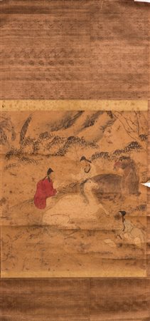 Arte Cinese Dipinto inchiostro e colori su carta raffigurante tre uomini e...