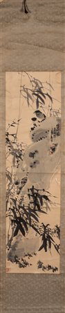 Arte Cinese Dipinto su carta raffigurante uccelli su rocce e canne di bamboo...