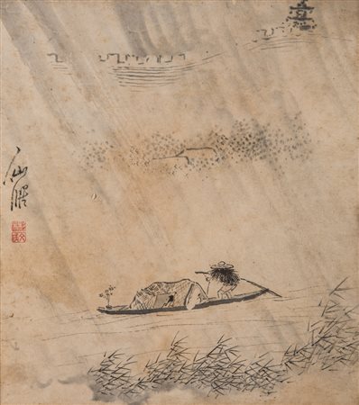 Arte Cinese Dipinto inchiostro su carta raffigurante una barca Cina, XIX - XX...
