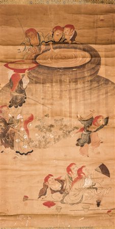 Arte Giapponese Dipinto su carta raffigurante la preparazione di una pozione...