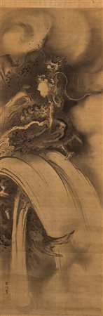 Arte Giapponese Dipinto su seta raffigurante una carpa ed un drago in una...