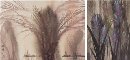 Arte Cinese Coppia di dipinti con vegetazione firmato Zhu Junshan Cina, XX...