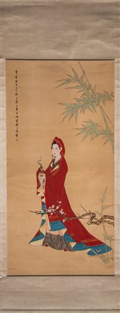 Arte Cinese Dipinto su seta raffigurante con Guanyin con mantello rosso Cina,...