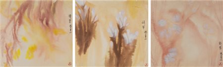 Arte Cinese Tre dipinti a soggetto vegetale astratto firmati da Zhu Junshan...