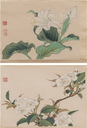 Arte Cinese Coppia di dipinti su carta raffiguranti fiori Cina, tardo XIX...