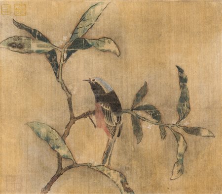 Arte Cinese Dipinto su seta raffigurante un uccello su ramo firmato Zhu Cina,...