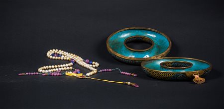 Arte Cinese Scatola circolare cloisonnè contenente rosario mandarino da corte...