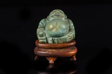 Arte Cinese Intaglio in turchese raffigurante Buddha felice su base in legno...