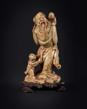 Arte Cinese Scultura in pietra saponaria raffigurante un saggio con bambini...