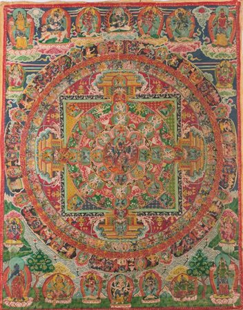 Arte Himalayana Thangka raffigurante Mandala di Cakrasamvara Nepal, fine...