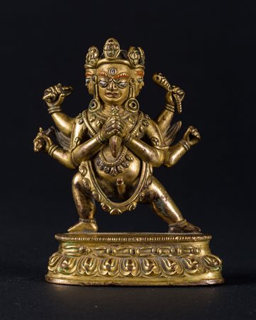 Arte Himalayana Scultura in rame dorato raffigurante Vajrakila Tibet, XVIII...