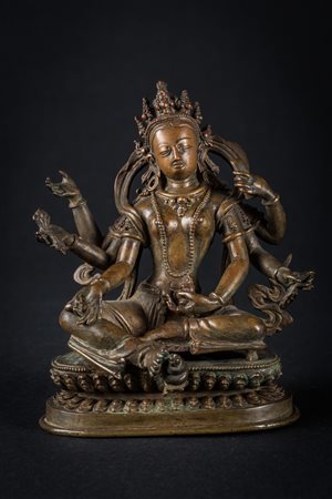 Arte Himalayana Statua in lega di rame raffigurante Vasudhara Nepal, XVII...