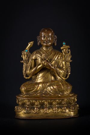 Arte Himalayana Scultura in rame dorato raffigurante Tsongkhapa Tibet, XVII -...