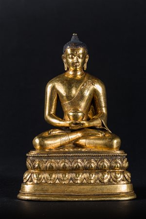 Arte Himalayana Scultura in bronzo dorato raffigurante Amitabha Mongolia,...