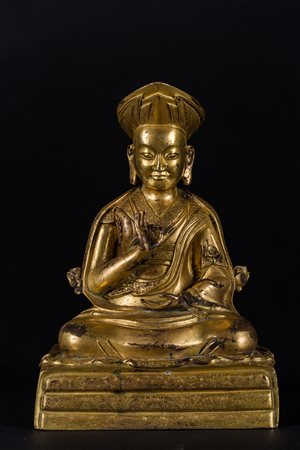 Arte Himalayana Scultura in bronzo dorato raffigurante il maestro Changkya...