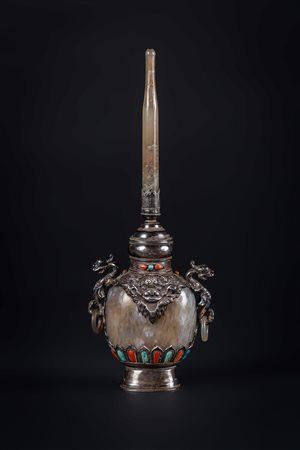 Arte Cinese Portaprofumo in agata con montatura in argento, corallo e...