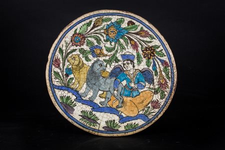 Arte Islamica Grande mattonella circolare in cermica dipinta Iran, epoca...