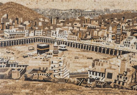 Arte Islamica Grande mosaico in pietre dure raffigurante Mecca Vicino...
