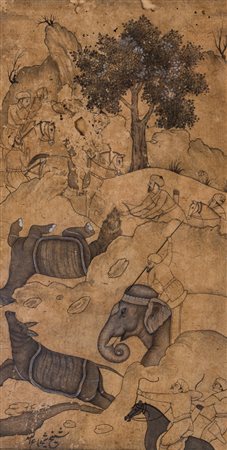 Arte Indiana Disegno con elefanti firmato da Sheikh Shoja Allah di Lahore...