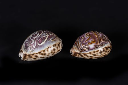 Arte Islamica Coppia di conchiglie con decorazione calligrafica per la...