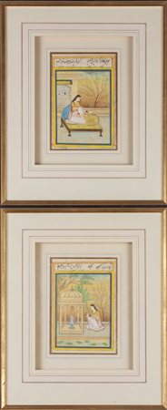 Arte Indiana Coppia di miniature raffiguranti due dame India, XX secolo . -....