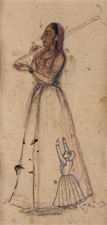 Arte Indiana Piccolo disegno raffigurante una donna India, Rajasthan,...