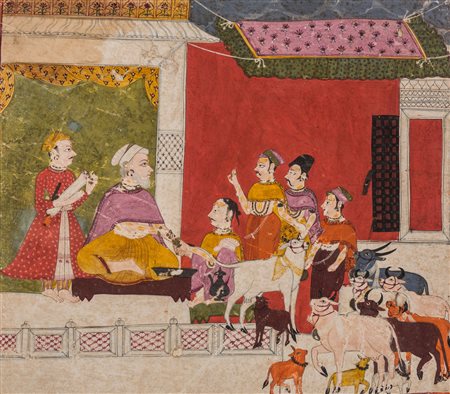 Arte Indiana Miniatura raffigurante un thakur che distribuisce delle mucche...