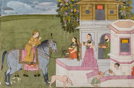 Arte Indiana Miniatura raffigurante un nobile a cavallo che fuma la huqqa di...