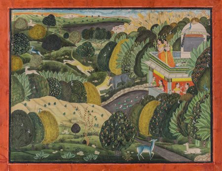 Arte Indiana Grande miniatura indiana con scena di caccia alla tigre...