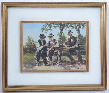 Testa Peppino "Tri umètt in su la banchetta" olio su tela (cm 30x40) firmato...