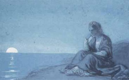 Scuola Francese del XIX secolo DONNA CHE GUARDA LA LUNA gouache su carta, cm...