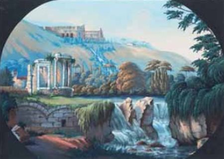 Scuola Italiana del XIX secolo VILLA GREGORIANA A TIVOLI CON LE CASCATE...