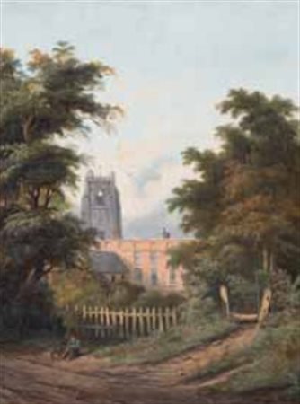 Scuola Inglese del XIX secolo SCORCIO URBANO olio su tela applicata su...