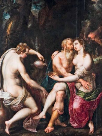 Bartholomäus Spranger (cerchia) LOT E LE FIGLIE olio su tavola, cm 103x78.