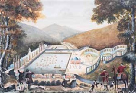 Scuola Tedesca del XIX secolo CACCIA AL CERVO tempera su carta, cm 42x59.