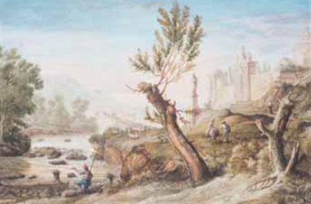 Scuola Italiana del XIX secolo ARCHITETTURE FANTASTICHE SU FIUME tempera su...