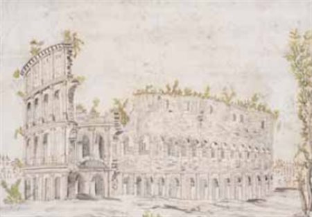 Scuola Romana del XIX secolo IL COLOSSEO inchiostro, matita e acquerello su...