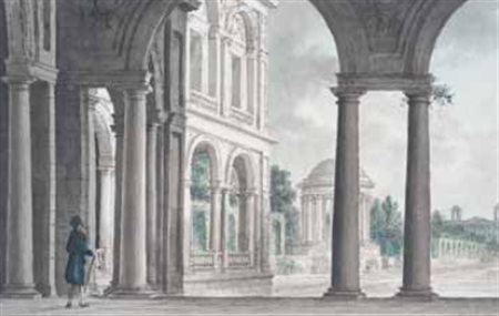 Scuola Francese del XIX secolo SCORCIO ARCHITETTONICO tempera su carta, cm...