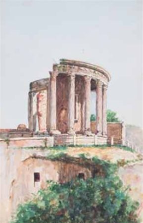 Scuola Romana del XIX secolo TEMPIO DI VESTA A TIVOLI tempera e acquerello su...