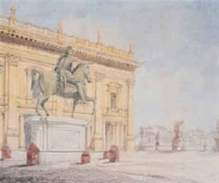 John Davies 1818 - 1865 INGRESSO A PIAZZA DEL CAMPIDOGLIO A ROMA acquerello e...